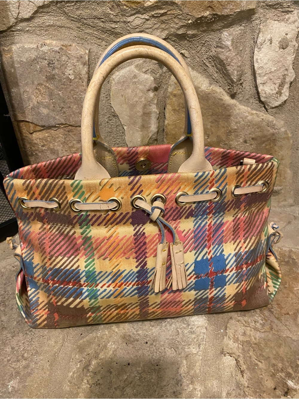 Vintage Dooney & Bourke plaid tassel tote bag